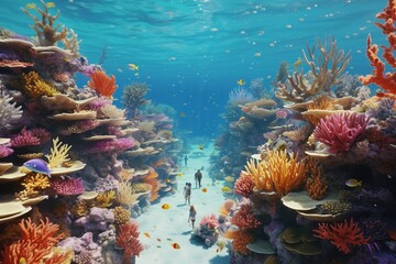 Fototapeta na wymiar Photograph of people snorkeling in colorful coral reefs, Generative AI