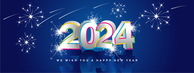 We wish you Happy New Year 2024. Modern 3d concept design. Colorful line 3D silver 2024 and mirrored shadows in background with stars sparkling fireworks