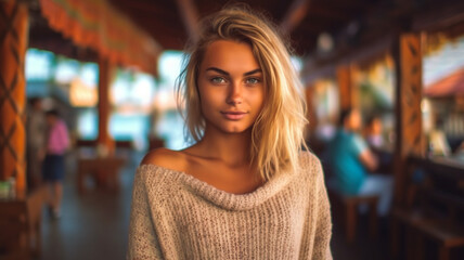 young adult woman, typical fictional beach restaurant on european sea or coast, caucasian, blonde 20s 30s, wearing sweater in mild temperature, caucasian, joyful smile, fictional location, 20s 30s