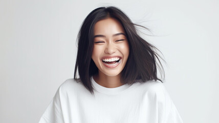 young adult woman laughs heartily, extreme positive emotions and feelings, femininity, hearty laughter, witty through joke or good mood