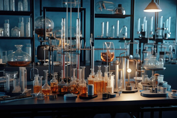 Scientific Laboratory Essentials: Neatly Arranged Test Tubes, Microscopes, Pipettes, and Petri Dishes Created with Generative AI	