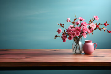 Product Display Template, Empty Wooden Table in Pastel Room with Floral Decor