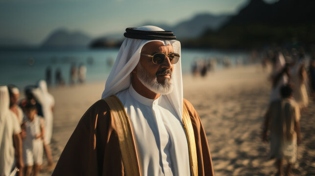 Arabic sheikh mature man on the beach at sunset. People on the background