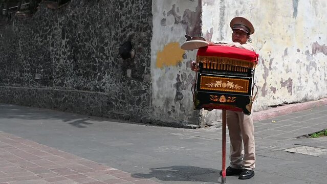 Man playing wooden organ in Mexico City