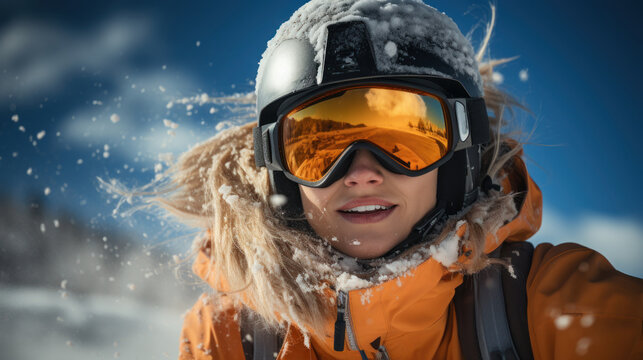 Snowboarder girl in helmet and orange goggles on background of snowy mountains.