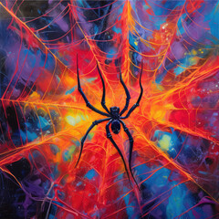 Electrifying Spider Web with Vibrant Hues Created with Generative AI
