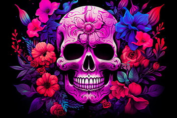 Skull with floral ornament and flowers on black background illustration. selective focus.  