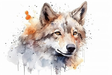 Watercolor wolf portrait illustration on white background