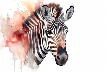 Watercolor zebra portrait illustration on white background