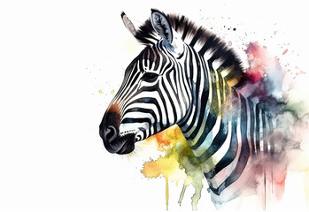 Fototapeta na wymiar Watercolor zebra portrait illustration on white background
