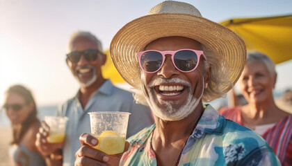 Group of old elderly friends of different races and ethnicities having refreshing drinks and enjoying an afternoon at the beach