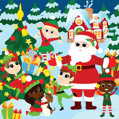 Santa Claus with elves outside near the Christmas tree. Winter landscape near Santa's snowy house. Vertical illustration in cartoon style for puzzles.