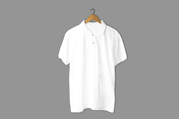 Blank hanging white polo t-shirt mockup isolated on a grey background.3d rendering.