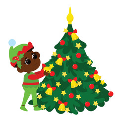 An elf boy clings to a toy on a Christmas tree. The child is happy and dressed in a traditional elf costume. Festive illustration in cartoon style isolated on white background.