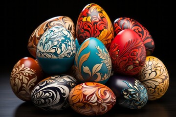 Fototapeta na wymiar Decorated Easter eggs, painted with vibrant colors and intricate patterns. Generative AI