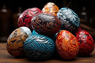 Decorated Easter eggs, painted with vibrant colors and intricate patterns. Generative AI