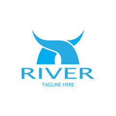 River logo, creeks, riverbanks and streams, with combination of mountains and farmland with vector concept design.