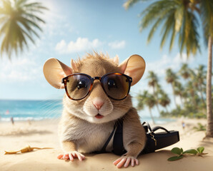 mouse on the beach and glasses. generative AI