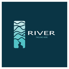 River logo, creeks, riverbanks and streams, with combination of mountains and farmland with vector concept design.