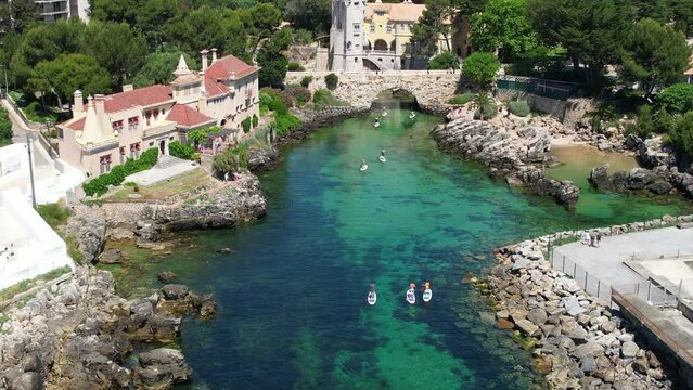 Cascais, Portugal - Aerial flyover above the coastline of  Cascais during heatwave during the summer 