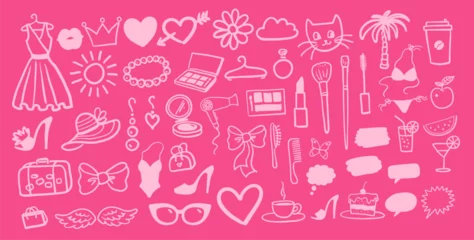 Poster Vector illustration set of beauty and fashion isolated doodles on pink background © Sonya illustration
