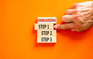 Time to step 1 onboarding symbol. Concept words Onboarding step 1 on wooden block. Businessman...