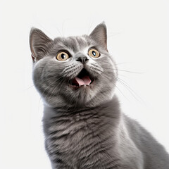 happy gray shorthair cat white background
