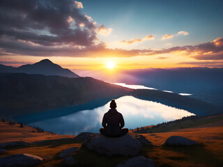 Silhouette meditating on mountain summit overlooking lake in the valley at majestic cloudy sunset 