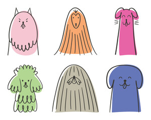 Pet portrait. Contour dog head. Outline sticker set. Linear icon, logo