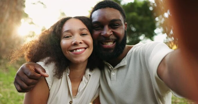 Couple, hug and selfie in nature, park or outdoor together on holiday, vacation or date in summer with African people. Portrait, man and happy woman in profile picture with love on social media