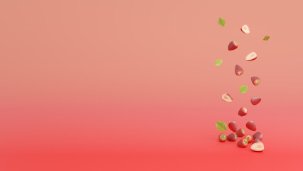 Strawberry 3d illustration isolated on red background, social media post template. whole and slice of Strawberry with text space.
