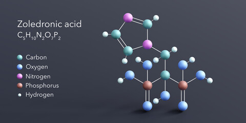 zoledronic acid molecule 3d rendering, flat molecular structure with chemical formula and atoms color coding