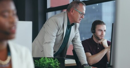 Call center, consulting and coaching with man in office for customer service, technical support and help desk. Telemarketing, contact us and mentor with employee for training, teamwork or advice