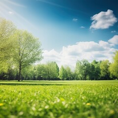 Fototapeta na wymiar A captivating blurred background showcasing the beauty of spring nature, featuring a meticulously manicured lawn embraced by trees under a clear blue sky adorned with clouds on a radiant and sunlit da