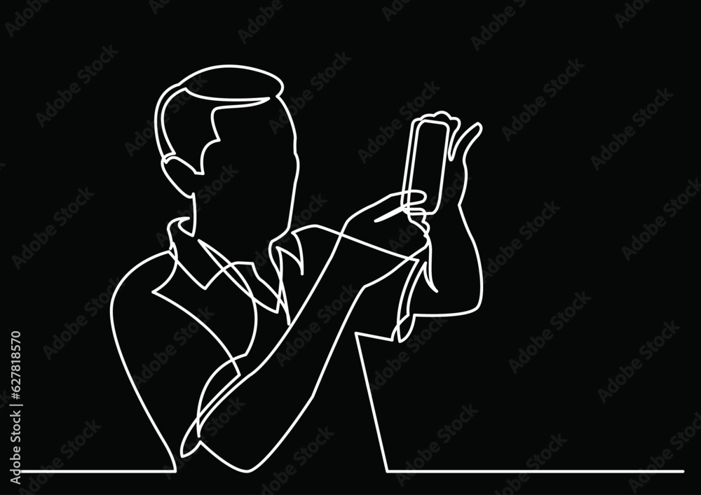 Poster continuous line drawing vector illustration with fully editable stroke of mobile phone usage digital