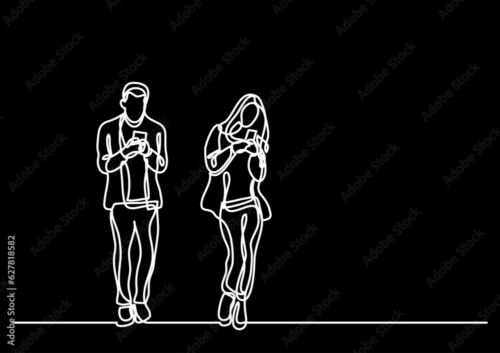 Wall mural continuous line drawing vector illustration with FULLY EDITABLE STROKE of mobile phone usage digital gadget device smartphone app concept on black background