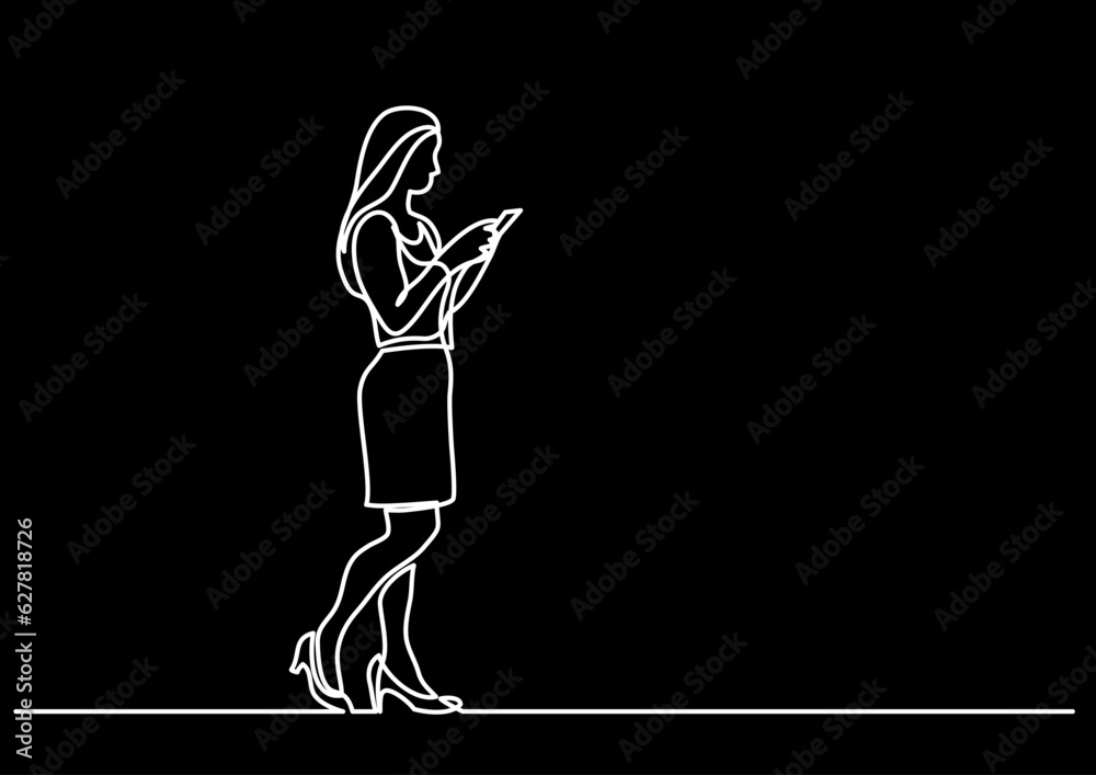 Poster continuous line drawing vector illustration with fully editable stroke of mobile phone usage digital
