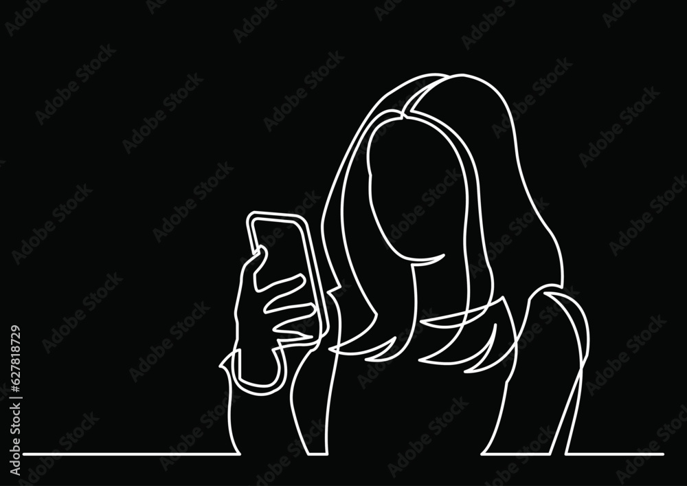 Poster continuous line drawing vector illustration with fully editable stroke of mobile phone usage digital