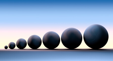 Round balls in ascending order on the background of sunrise or sunset. Abstract balls, balls concept. 3D render