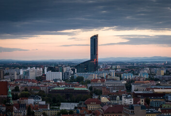 Wroclaw skyline at sunser aerial telephoto shot.