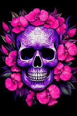 Skull with floral ornament and orchid flowers illustration. selective focus. 