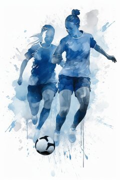 Blue Aquarelle Silhouette of Female Soccer Players in Action, Crafted with the Style of Digital Airbrushing, Showcasing the Athletic Skill and Sportsmanship of the Game