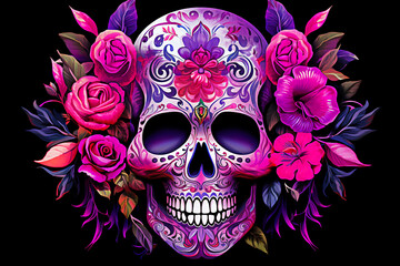 Skull with floral ornament. Day of the Dead illustration. selective focus.  