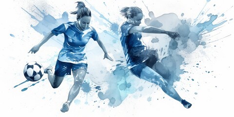 Blue Aquarelle Silhouette of Female Soccer Players in Action, Crafted with the Style of Digital Airbrushing, Showcasing the Athletic Skill and Sportsmanship of the Game
