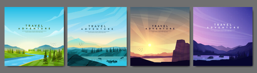 Fototapeta premium Vector illustration. Set of mountain landscapes. Geometric flat style. Water flow by meadow, forest hills, sunset scene, evening. Design for social media, web banner. Colorful triangle shapes
