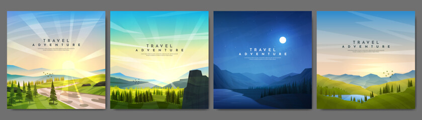 Vector illustration. Mountain outdoor landscapes set. Colorful geometric flat style. Meadow path by trees, forest by cliff, night scene, lake. Design for web banner, blog post, social media template