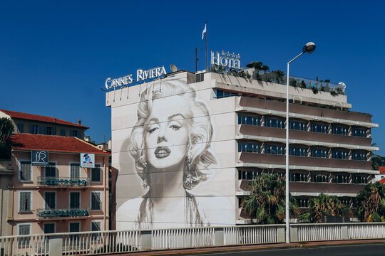 Cannes, France - 23 July 2023: Famous view of Cannes with Marilyn Monroe picture at the hotel wall