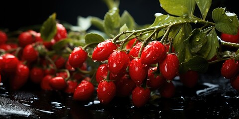 Sparkling dew on vibrant goji berries under natural sunlight for a fresh, special look.