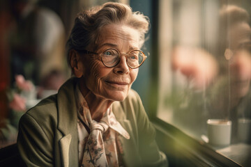 An old woman sits by the window