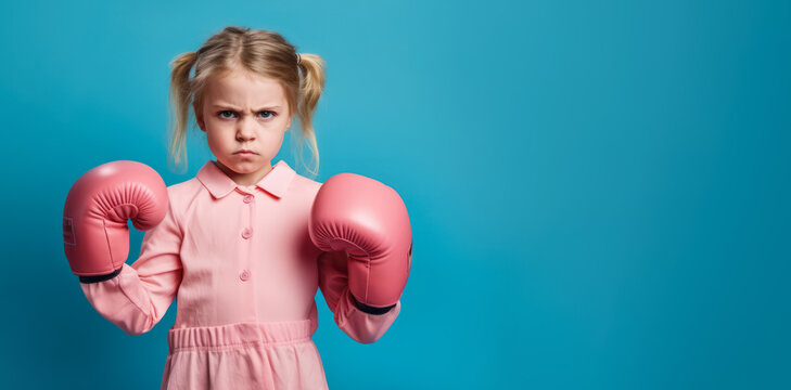 Small girl kid wearing pink boxing gloves, angry serious expression - she's ready to fight. Wide banner copy space on side. Generative AI